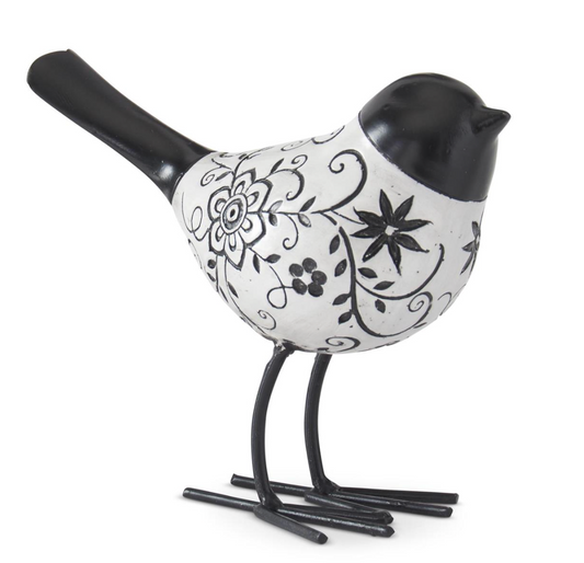 Assorted 4.5 Inch Black & White Carved Resin Birds w/Metal Feet (2 Styles)