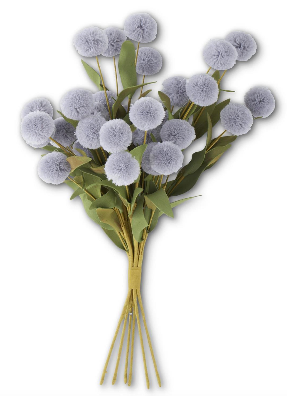 13 Inch Gray Blue Pompom Pick w/Green Eva Leaves Bundle (6 Stems)