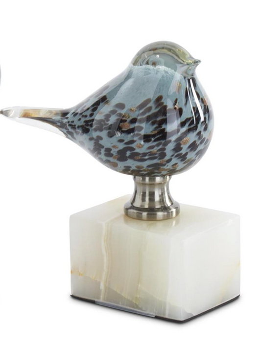 Blue Glass Birds on White Square Marble Bases (2 Styles)