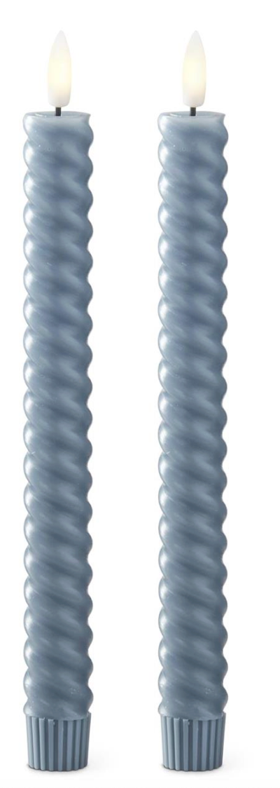 Set of 2 9.75 Inch Light Blue Spiral LED Taper Candles w/Timers