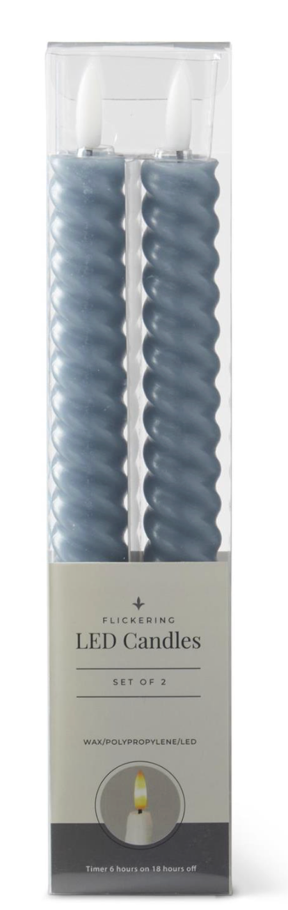 Set of 2 9.75 Inch Light Blue Spiral LED Taper Candles w/Timers