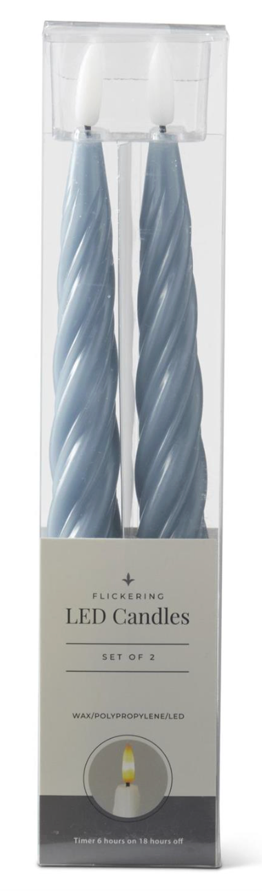 Set of 2 9.75 Inch Light Blue Swirl LED Taper Candles w/Timers