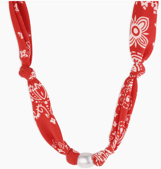 Paisley Bandana Pearl Necklace-Red/Gold