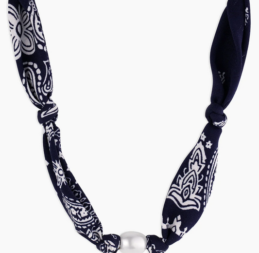 Paisley Bandana Pearl Necklace-Navy/Gold