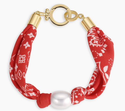 Paisley Bandana Pearl Bracelet-Red/Gold