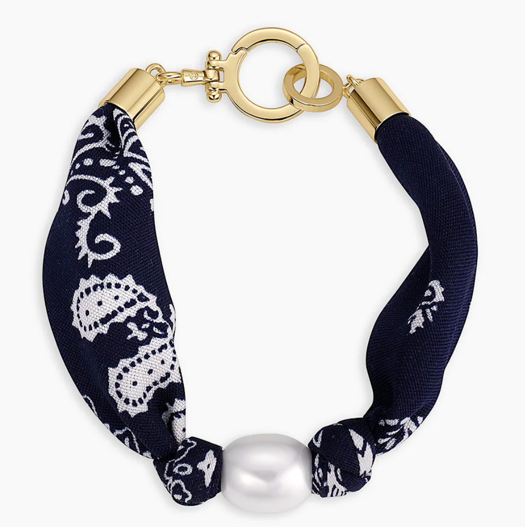 Paisley Bandana Pearl Bracelet-Navy/Gold