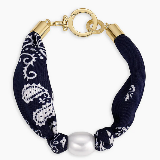 Paisley Bandana Pearl Bracelet-Navy/Gold