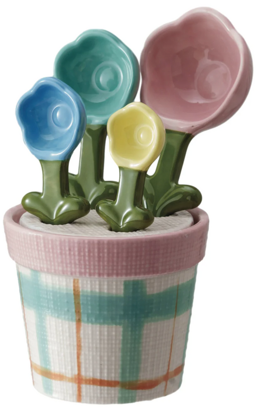 Hand-Painted Stoneware Measuring Spoons w/ Pot Holder, Set of 5
