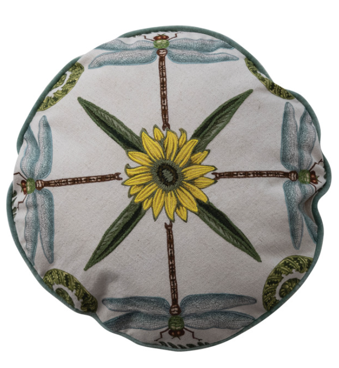 16" Round Cotton & Linen Pillow with Botanicals, Animals, Embroidery & Piping, 2 Styles