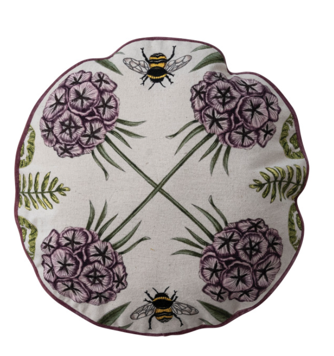 16" Round Cotton & Linen Pillow with Botanicals, Animals, Embroidery & Piping, 2 Styles