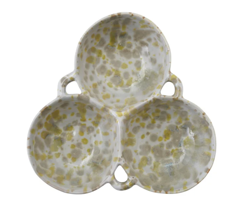 Stoneware Multi Bowl with 3 Sections, Cream Color & Green (Each One Will Vary)