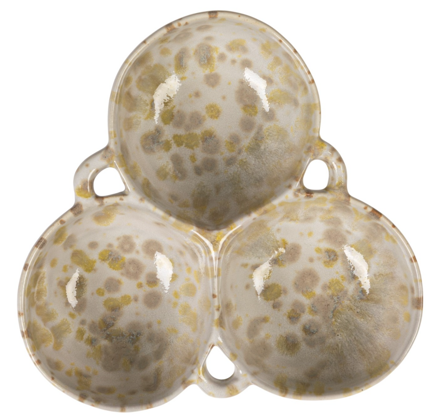 Stoneware Multi Bowl with 3 Sections, Cream Color & Green (Each One Will Vary)