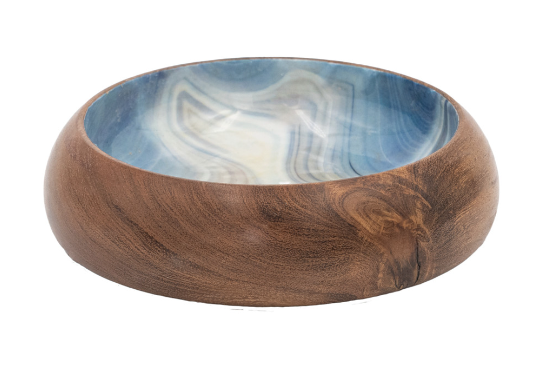 Enameled Acacia Wood Bowl, Marbled Blue & Natural