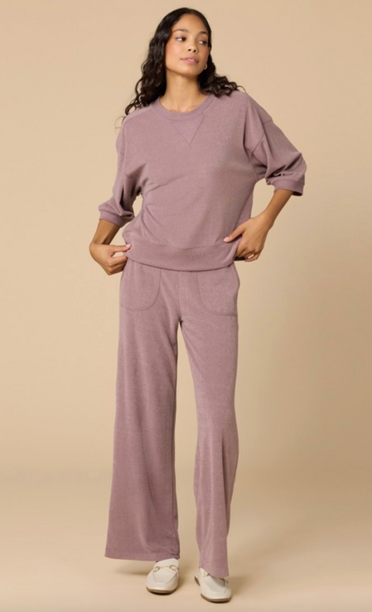 Terry Cropped Sleeve Crew Neck with Wide Leg Pant-Driftwood