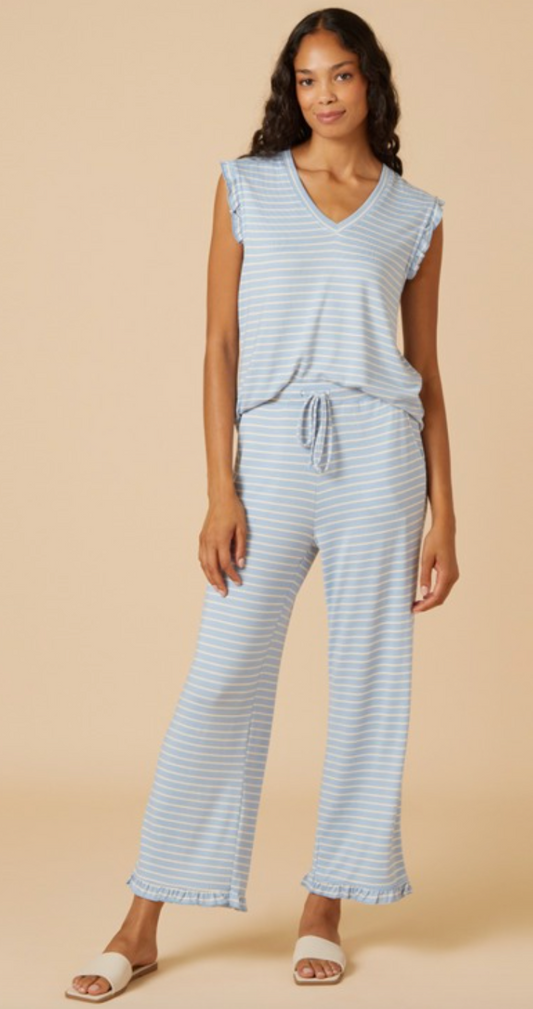Dream Ruffle V-neck with Cropped Pant-Sky Blue Stripe