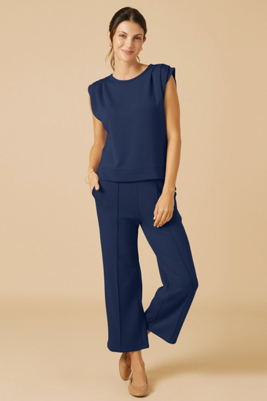 DreamTech Pleated Shoulder Tank with Cropped Pant- Midnight