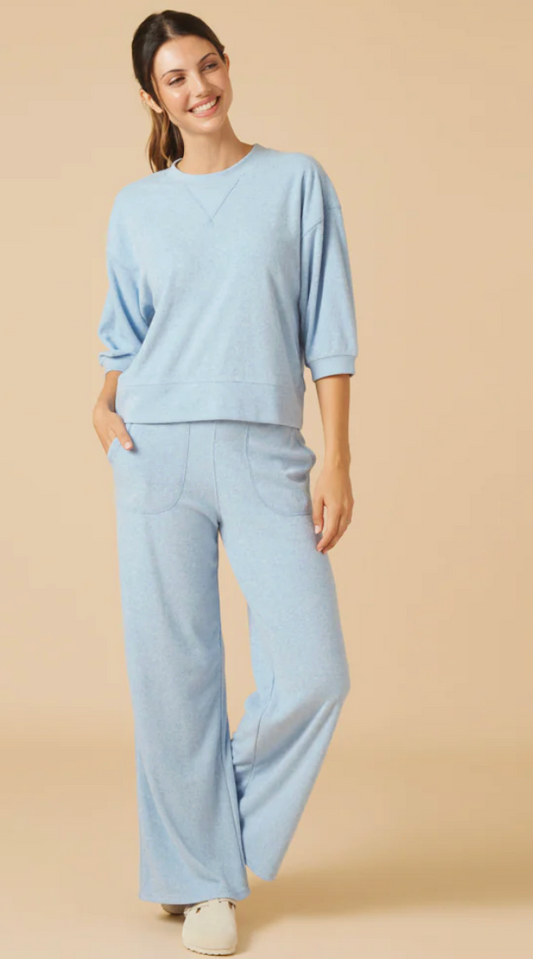 Terry Cropped Sleeve Crew Neck with Wide Leg Pant-Heather Sky Blue