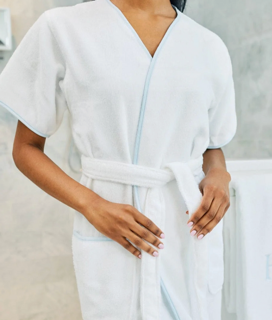 Women's Short Signature Robe-Light Blue on White