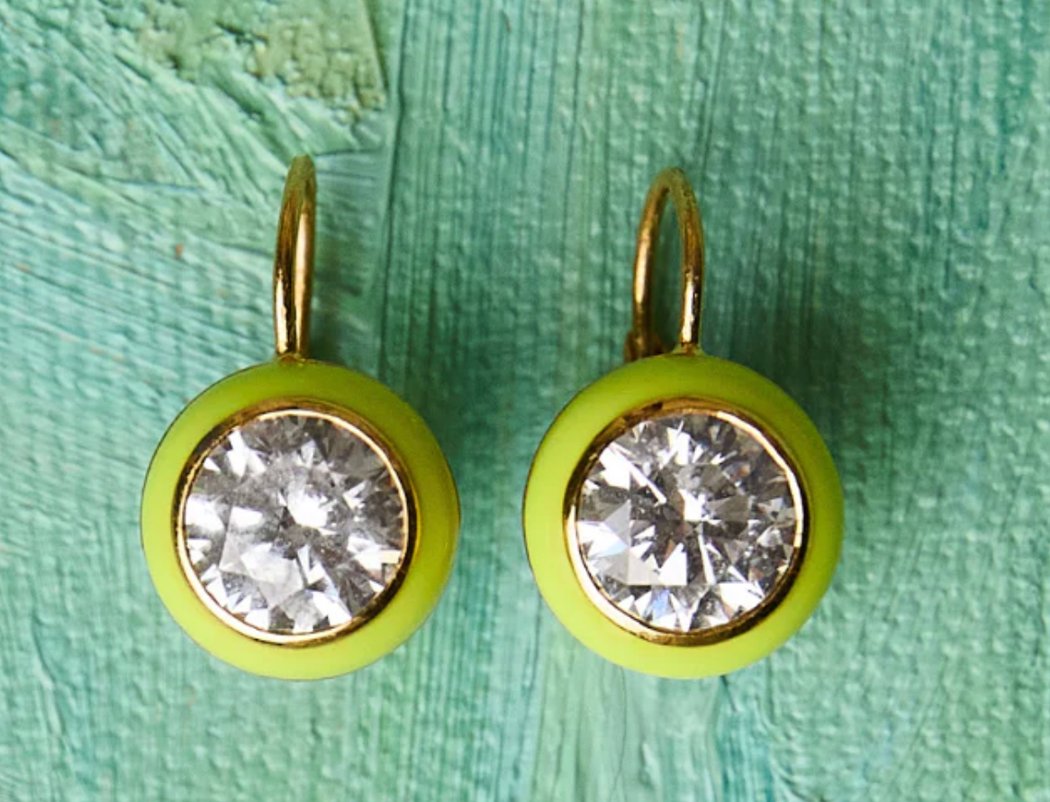 Chartreuse Enamel Bezel Drop Earring