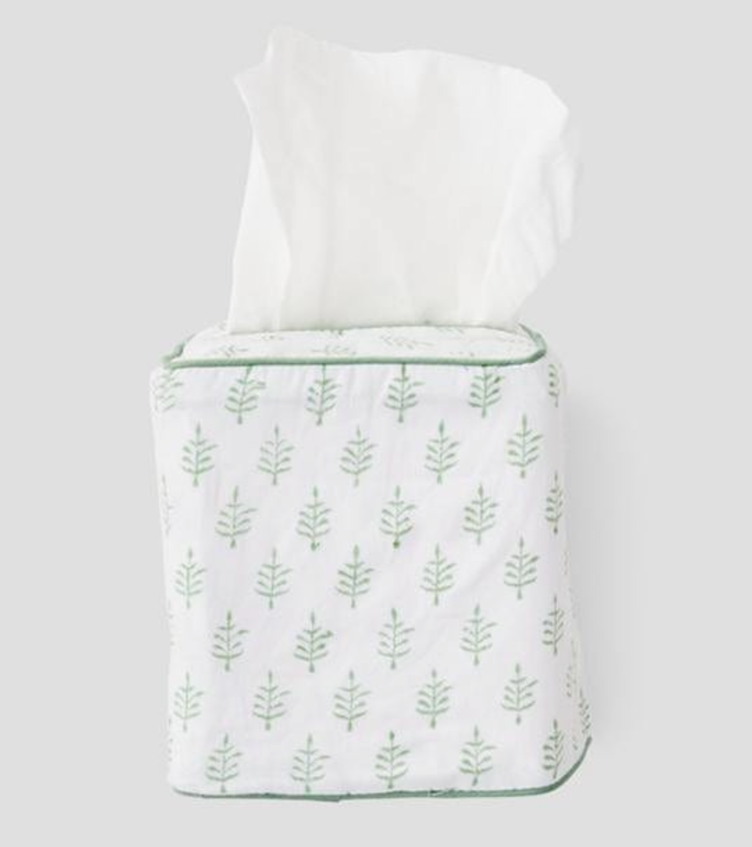 Cotton Tissue Box Cover- Light Green Leaf