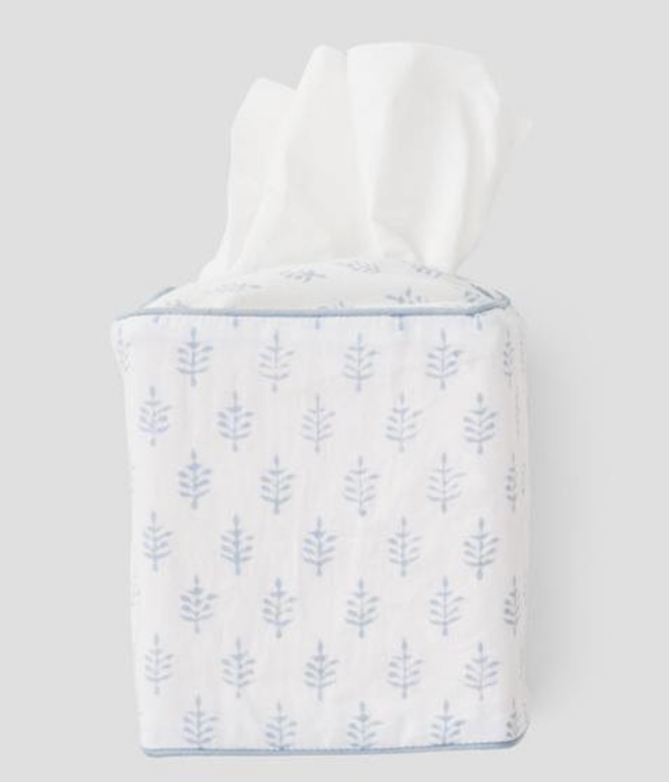 Cotton Tissue Box Cover- Light Blue Leaf