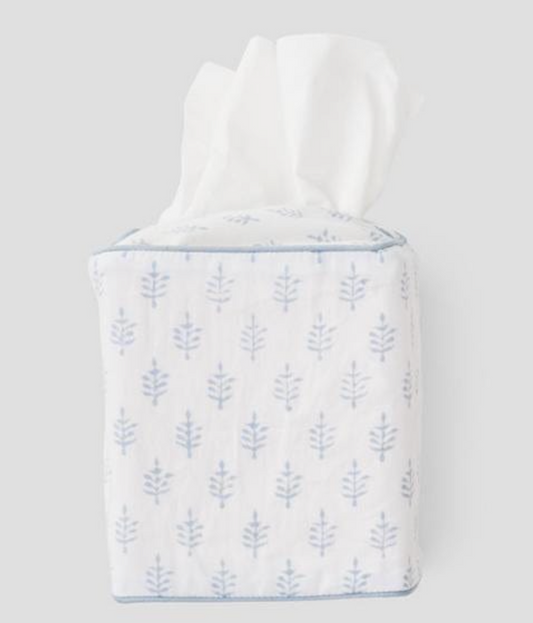 Cotton Tissue Box Cover- Light Blue Leaf