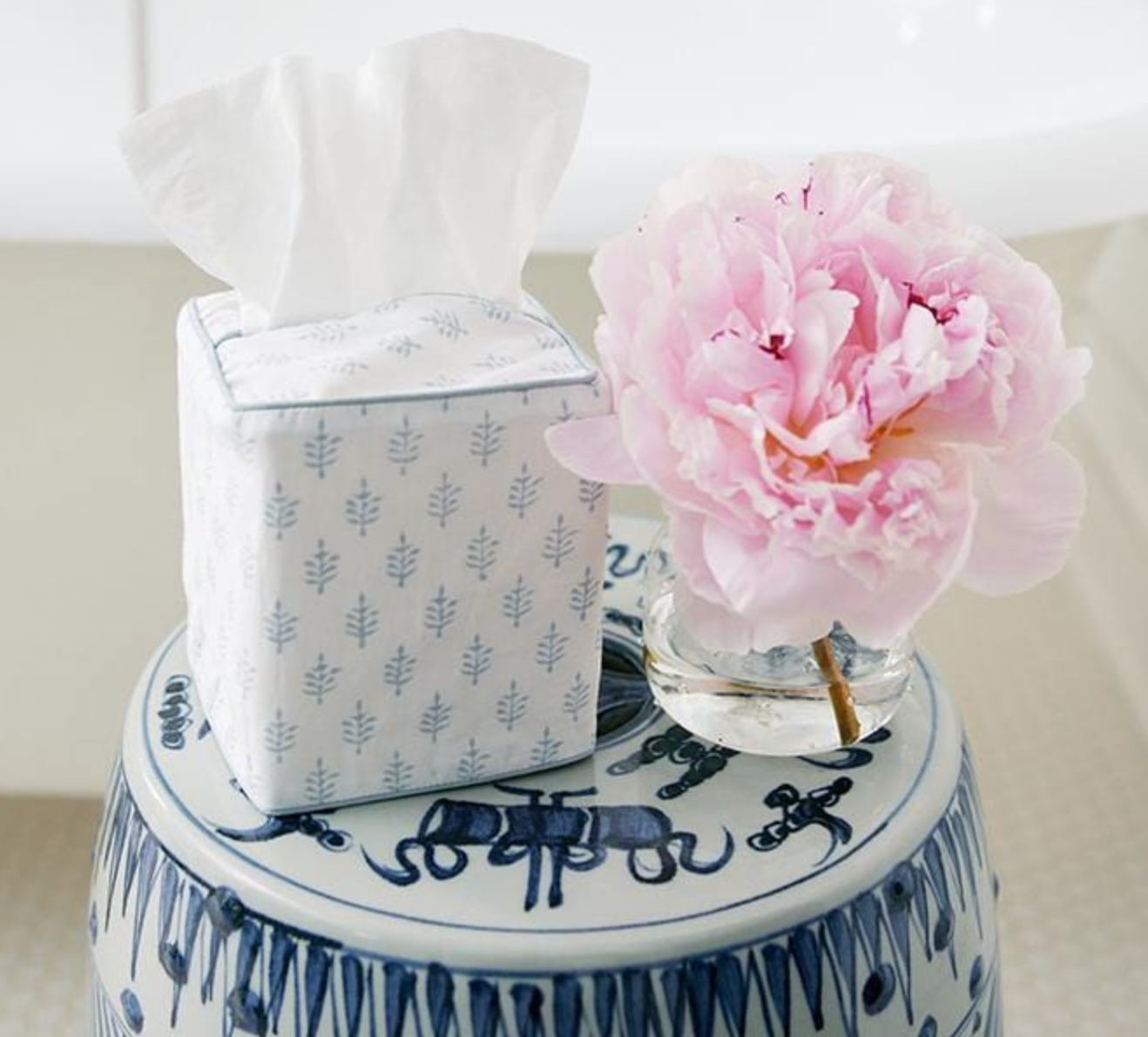 Cotton Tissue Box Cover- Light Blue Leaf