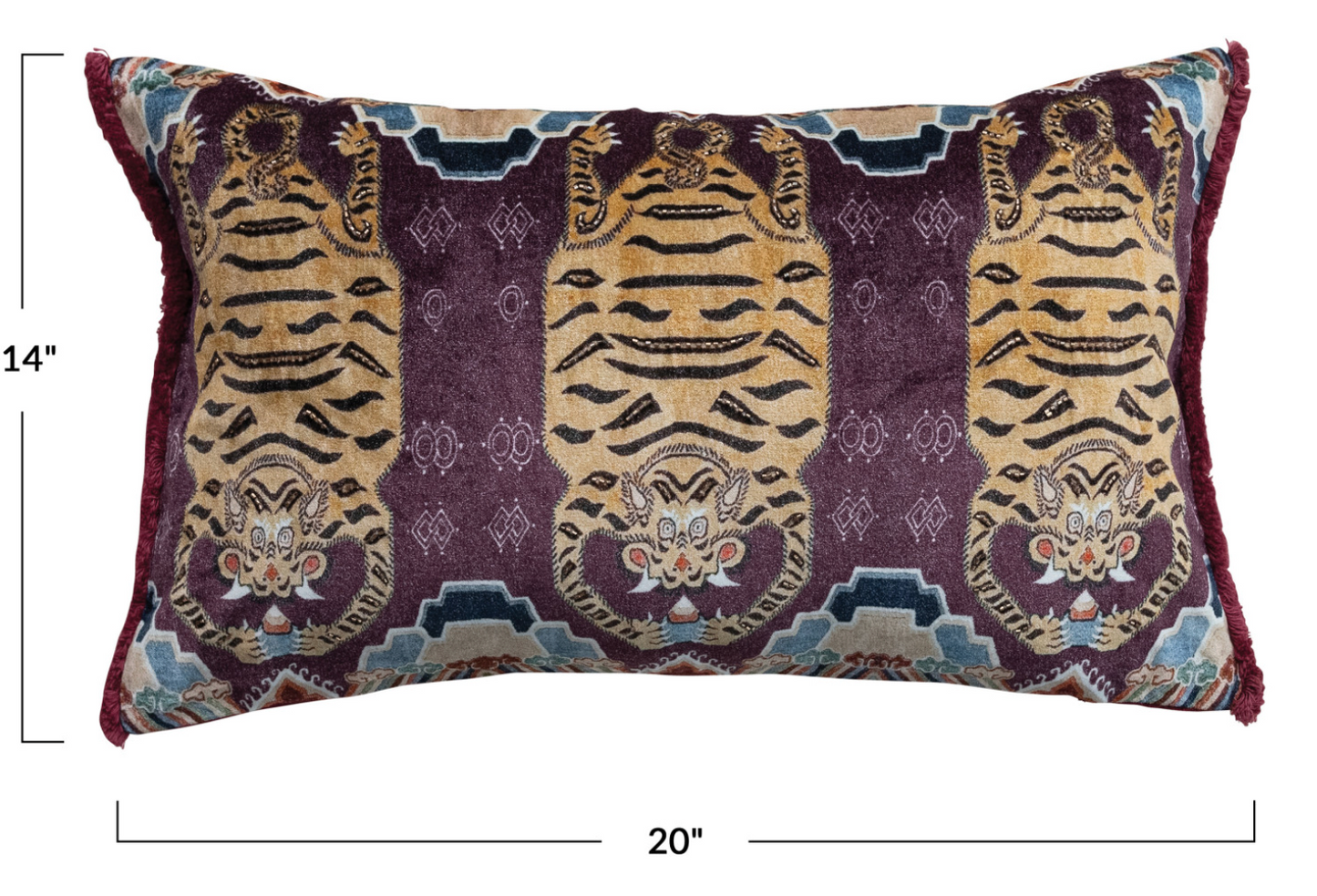 Cotton Velvet Printed Lumbar Pillow w/ Tibetan Tigers Pattern, Beads & Eyelash Fringe