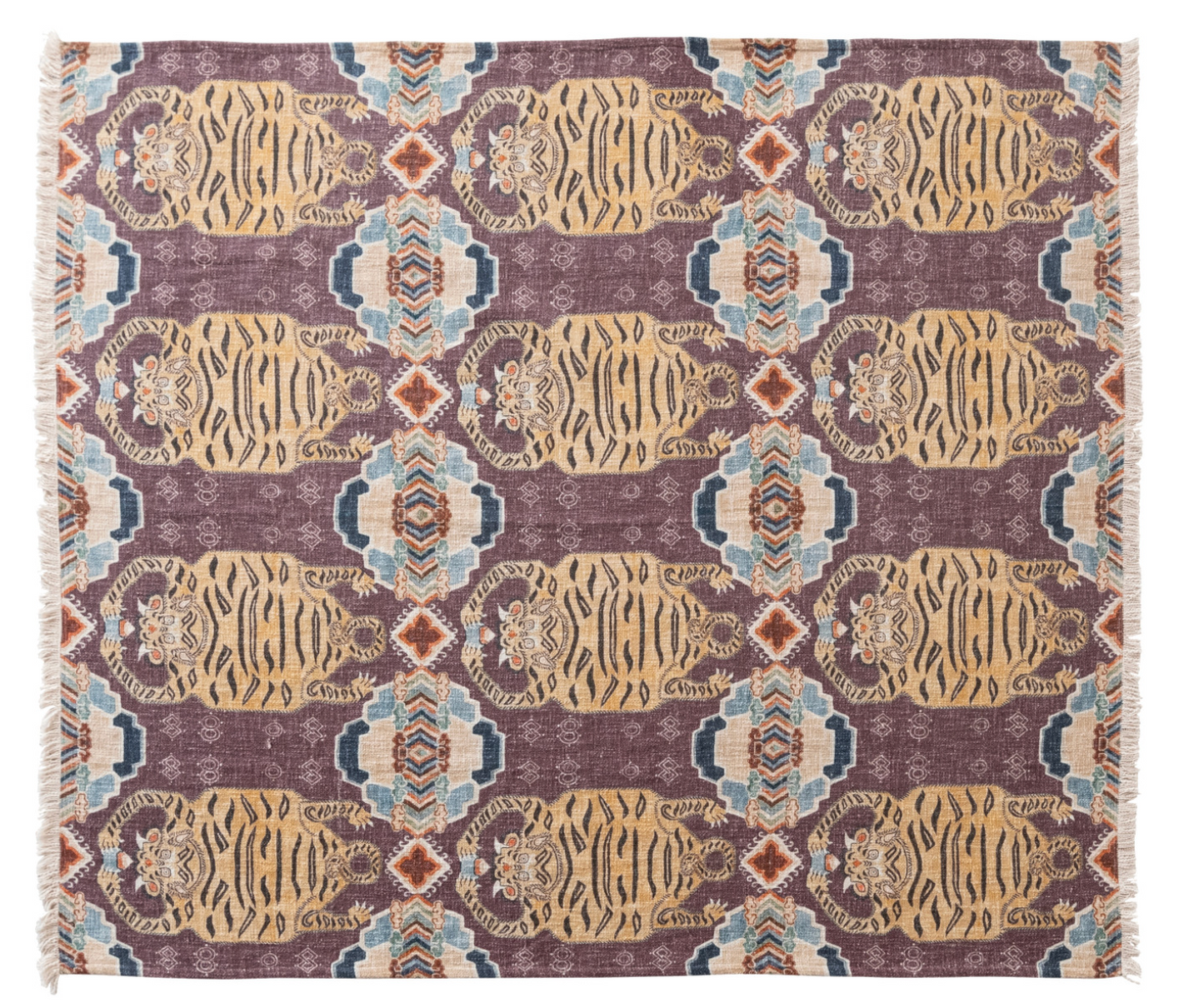 Cotton Slub Printed Throw w/ Tibetan Tigers Pattern & Fringe