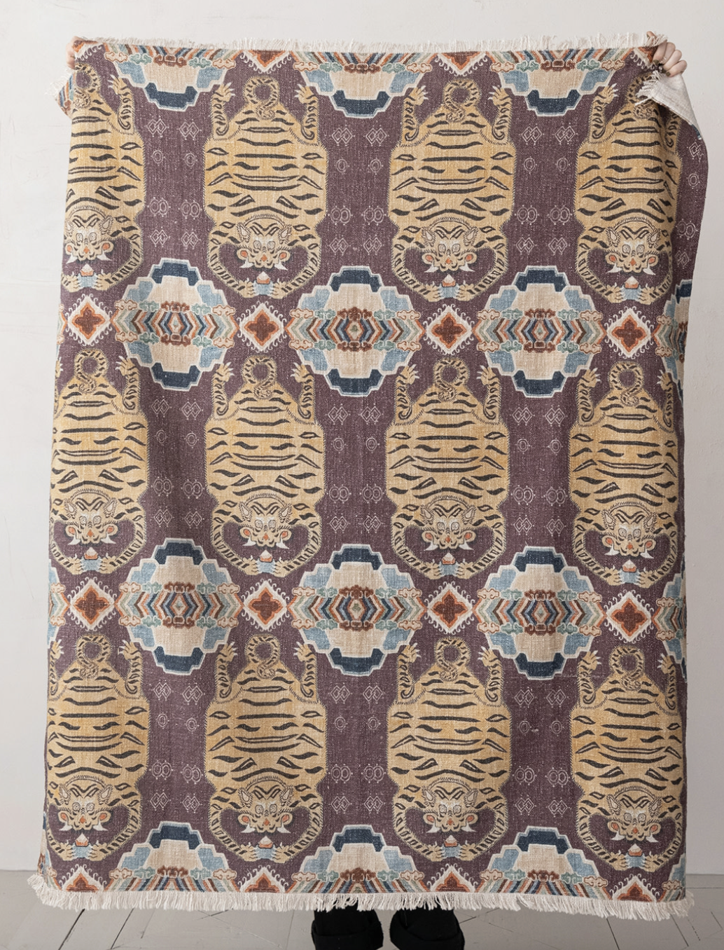 Cotton Slub Printed Throw w/ Tibetan Tigers Pattern & Fringe