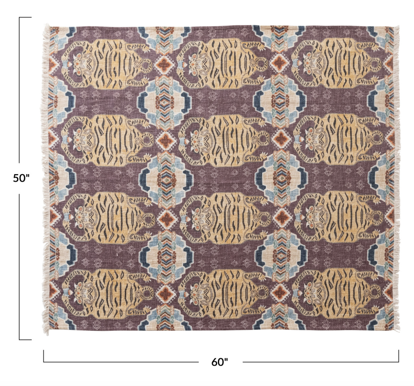 Cotton Slub Printed Throw w/ Tibetan Tigers Pattern & Fringe