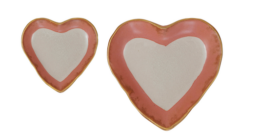 Stoneware Heart Dish w/ Gold Edge, 2 Colors, Set of 2 (Each One Will Vary)