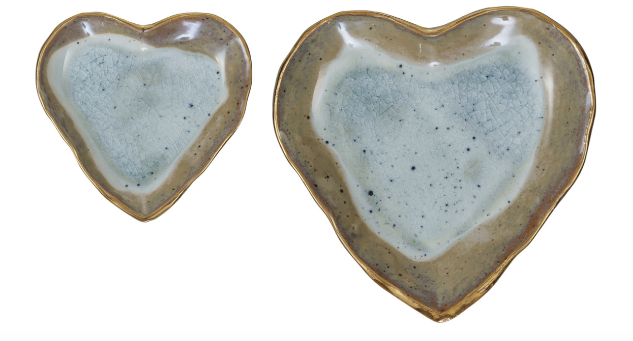 Stoneware Heart Dish w/ Gold Edge, 2 Colors, Set of 2 (Each One Will Vary)