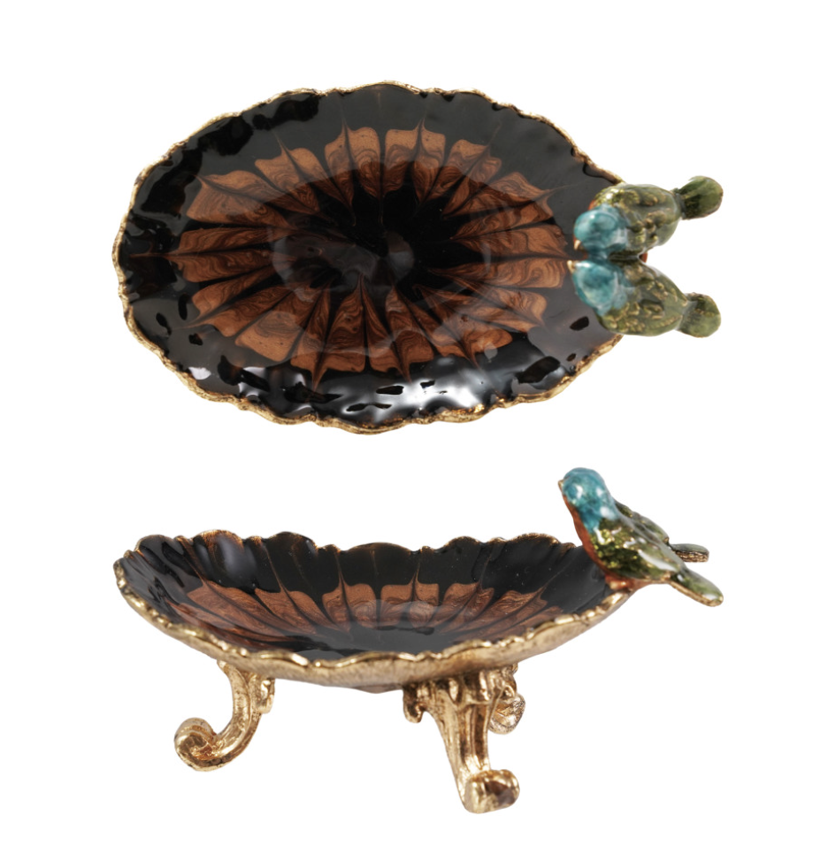 Enameled Metal Footed Jewelry Dish w/ 3D Birds, Gold Finish & Multi Color