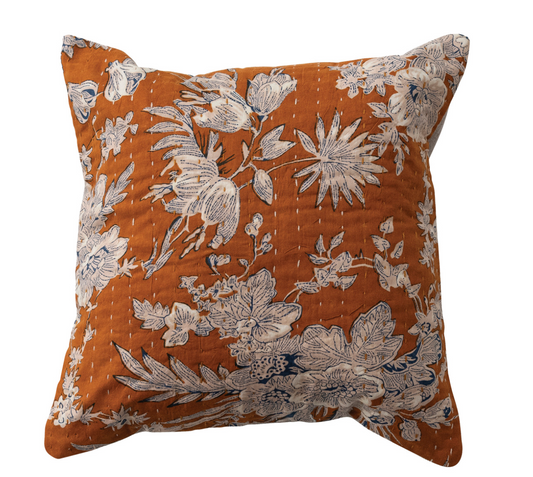 12" Square Cotton Voile Pillow with Florals, Hand-Embroidered Kantha Stitch & Chambray Back