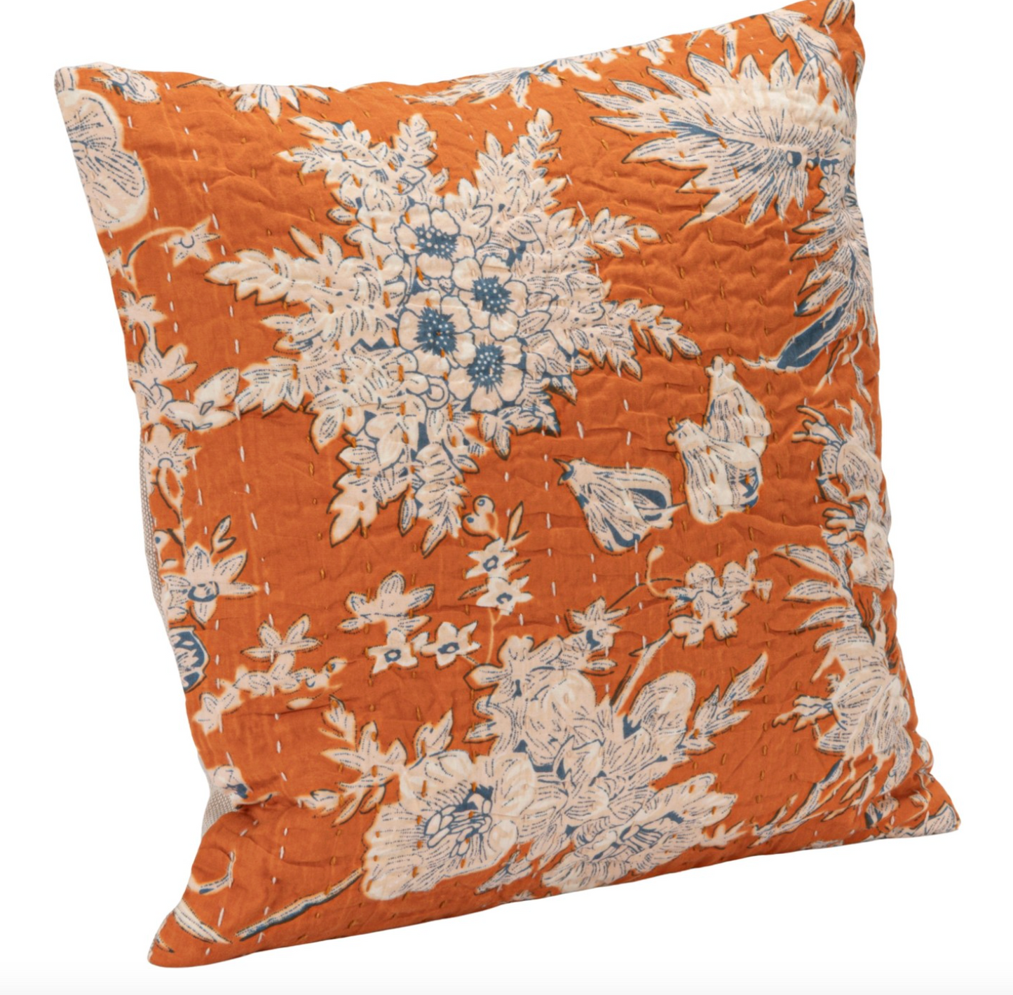 12" Square Cotton Voile Pillow with Florals, Hand-Embroidered Kantha Stitch & Chambray Back