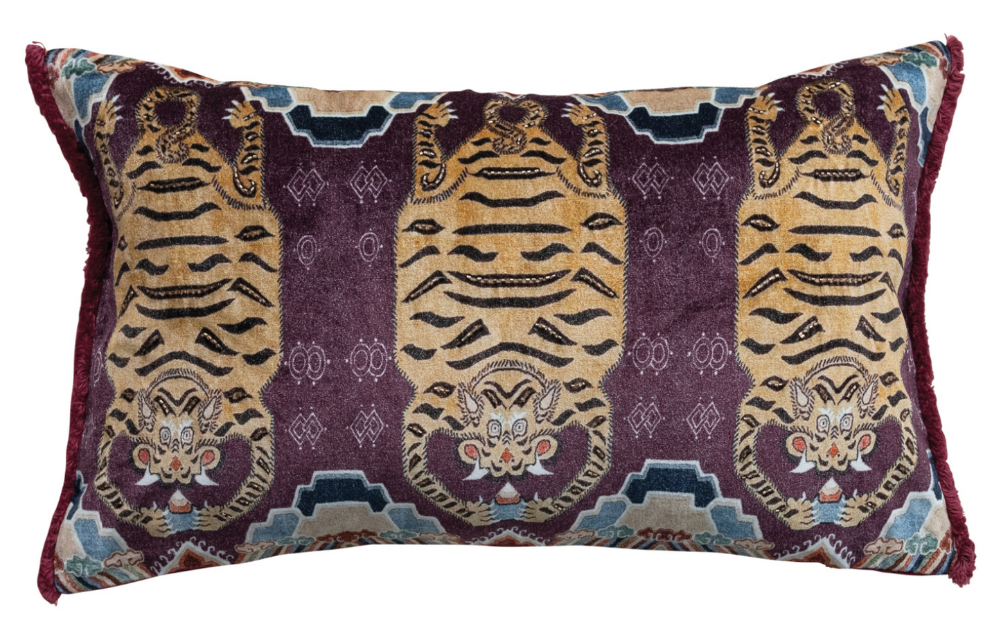 Cotton Velvet Printed Lumbar Pillow w/ Tibetan Tigers Pattern, Beads & Eyelash Fringe