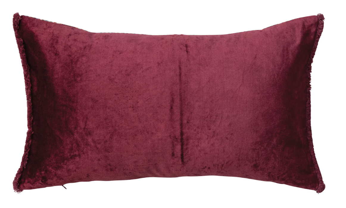 Cotton Velvet Printed Lumbar Pillow w/ Tibetan Tigers Pattern, Beads & Eyelash Fringe
