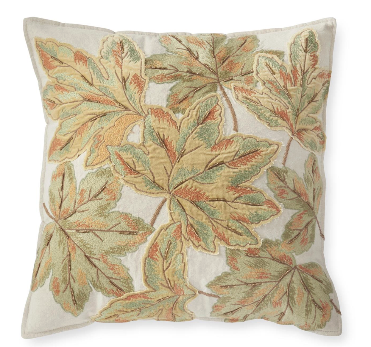 20 Inch Green w/Rust Embroidered & Beaded Leaf Square Pillow