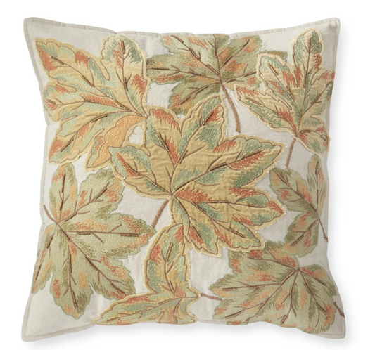 20 Inch Green w/Rust Embroidered & Beaded Leaf Square Pillow
