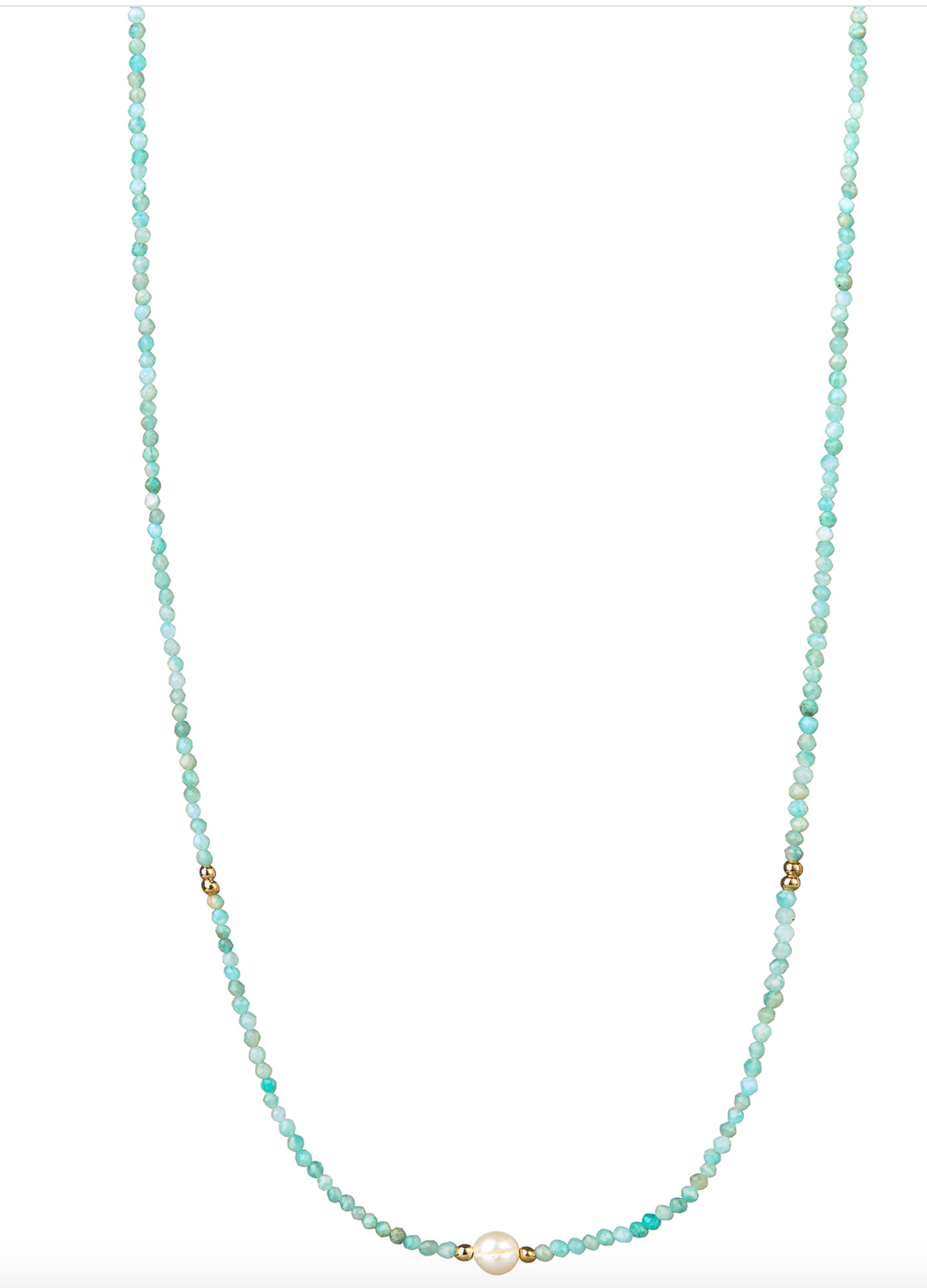 Amazonite Beaded Necklace with Center Pearl & Gold