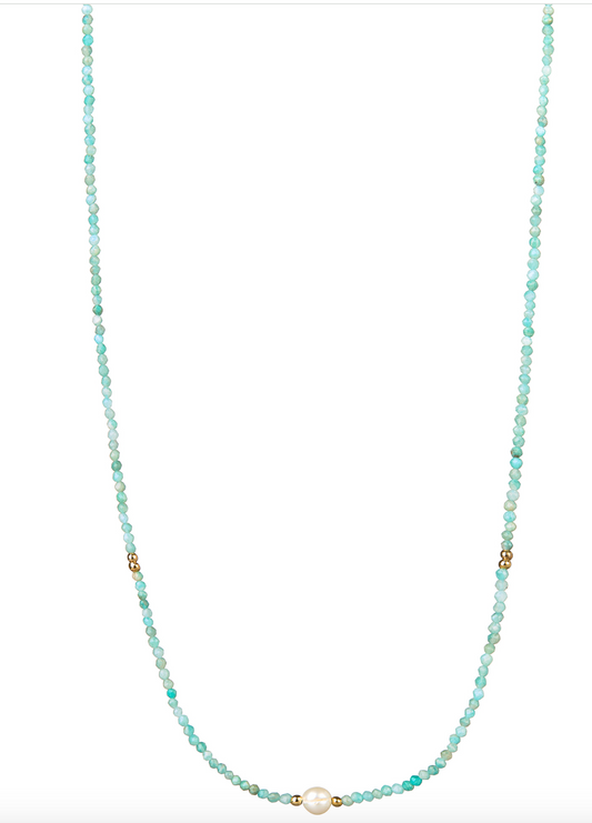 Amazonite Beaded Necklace with Center Pearl & Gold
