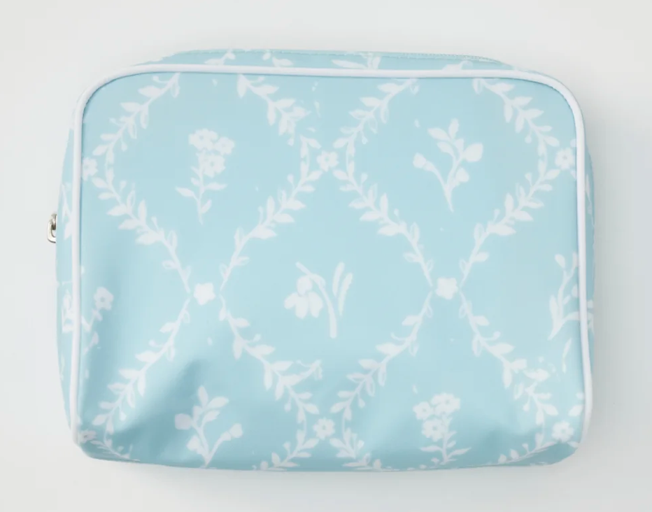 Medium Patterned Toiletry Bag-Blue Trellis