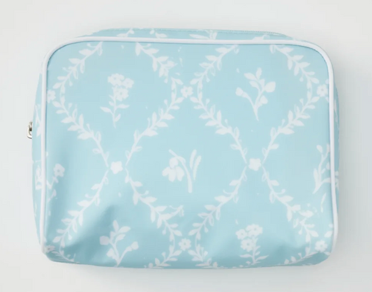 Medium Patterned Toiletry Bag-Blue Trellis