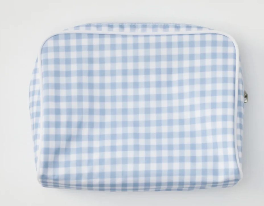 Medium Patterned Toiletry Bag-Light Blue Gingham