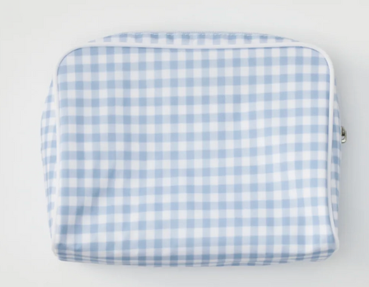 Medium Patterned Toiletry Bag-Light Blue Gingham