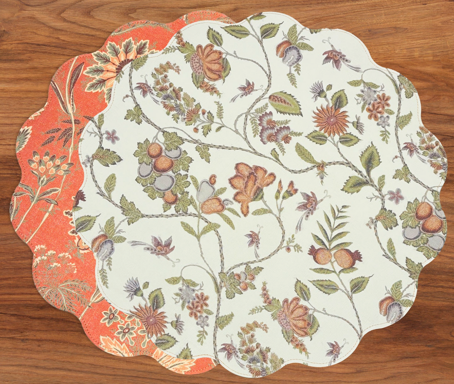 VIDA Autumn and Branches Reversible Round Placemats Set of 4 Persimmon & Green