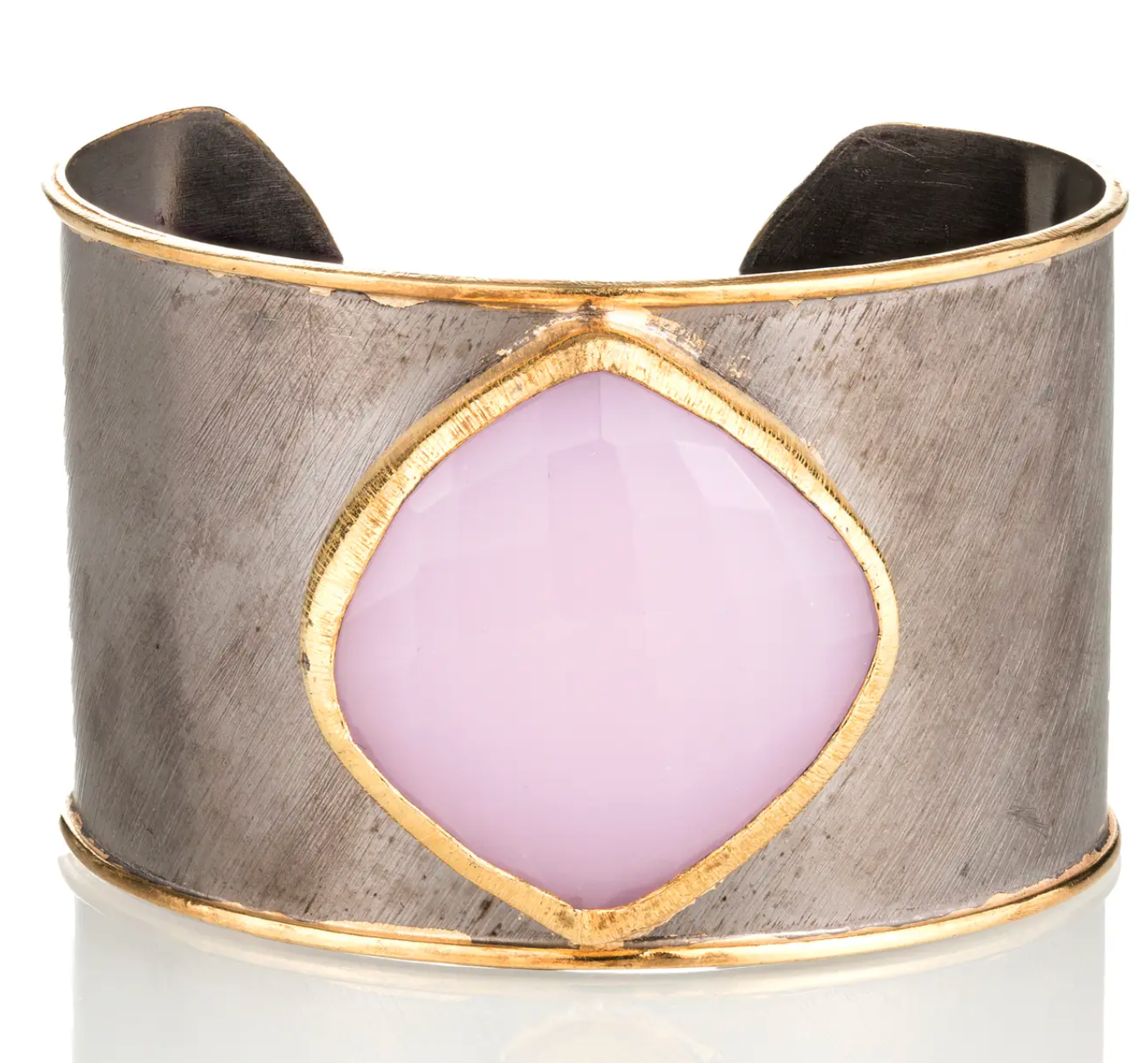 Rose Quartz, Rhodium and Gold Cuff with Large Gemstone