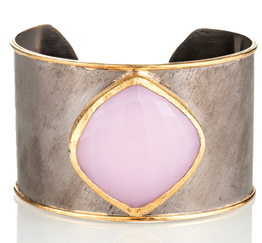Rose Quartz, Rhodium and Gold Cuff with Large Gemstone