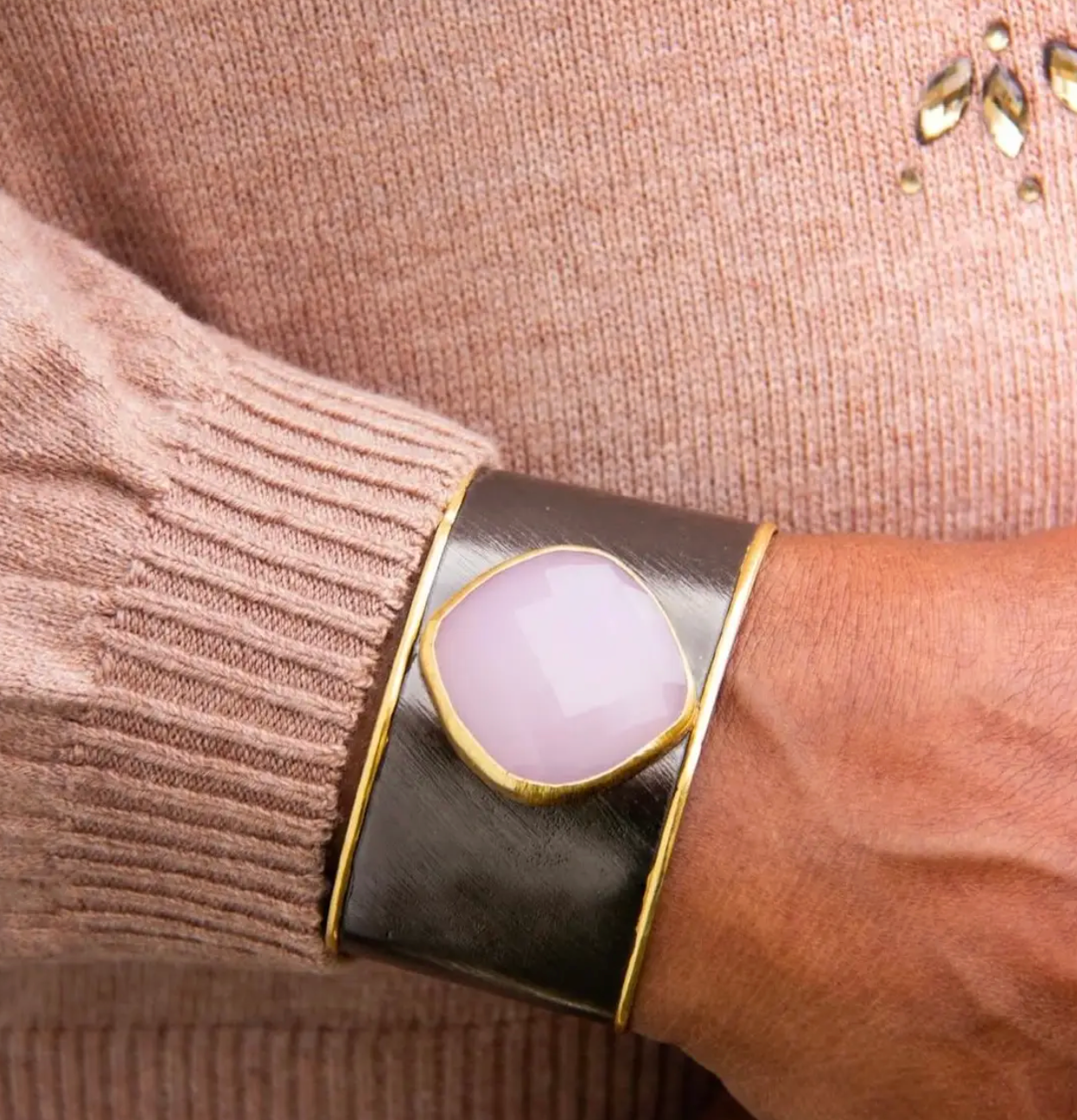 Rose Quartz, Rhodium and Gold Cuff with Large Gemstone